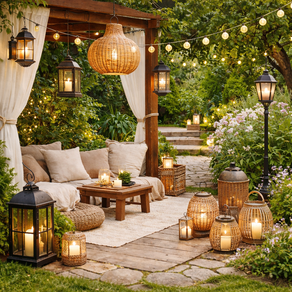 Jardin cocooning en journée avec lanternes décoratives, luminaires d’extérieur et appliques murales pour terrasse et pergola.