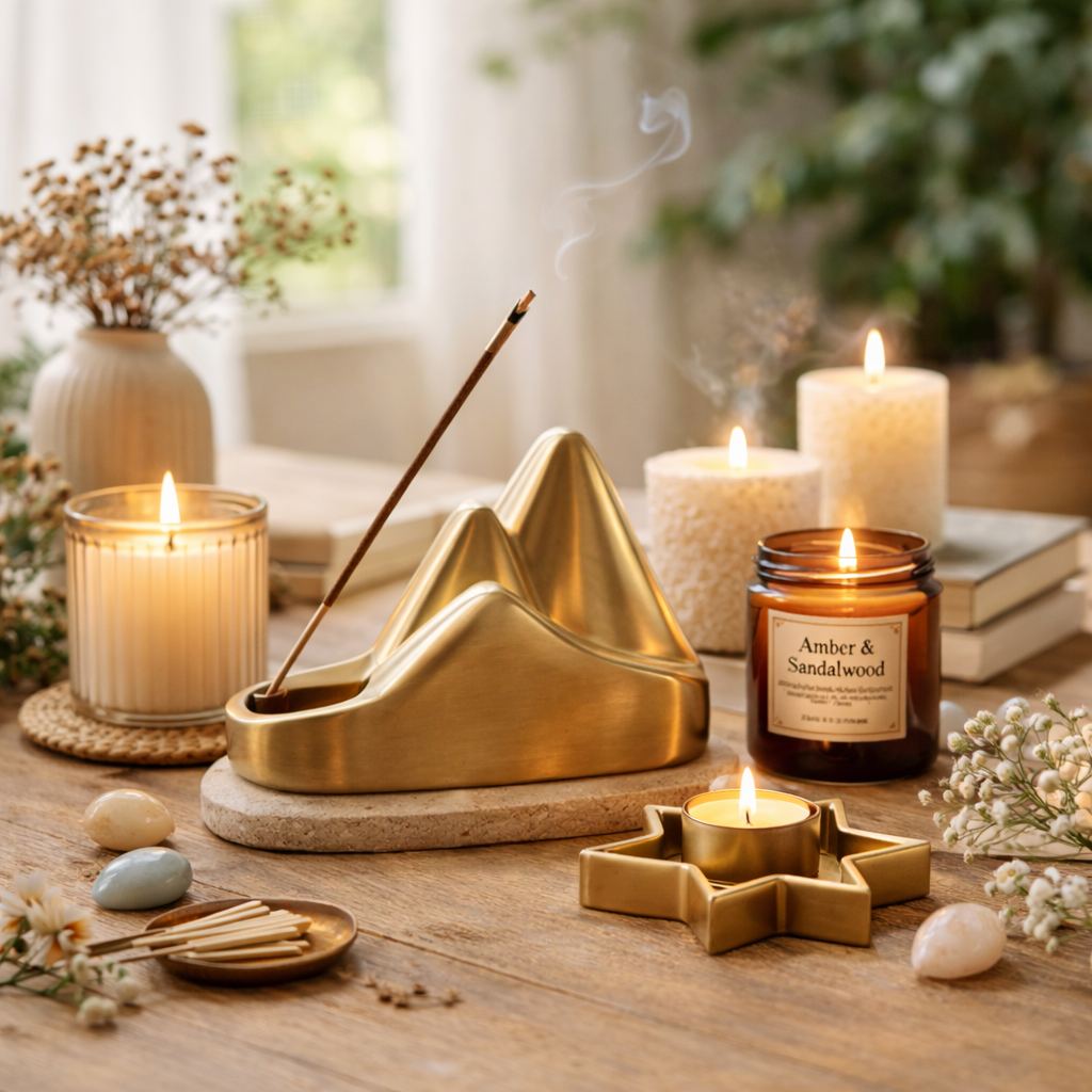 Scène de relaxation avec bougies, diffuseur et encens sur une surface en bois, créant une ambiance apaisante et méditative à la maison.