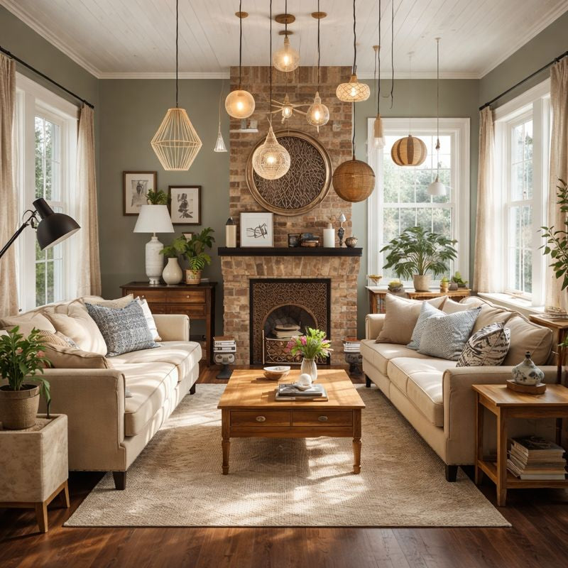 Luminaires suspendus, ambiance chaleureuse et tons neutres, mobilier en bois clair, canapé beige, vases décoratifs et éclairage doux