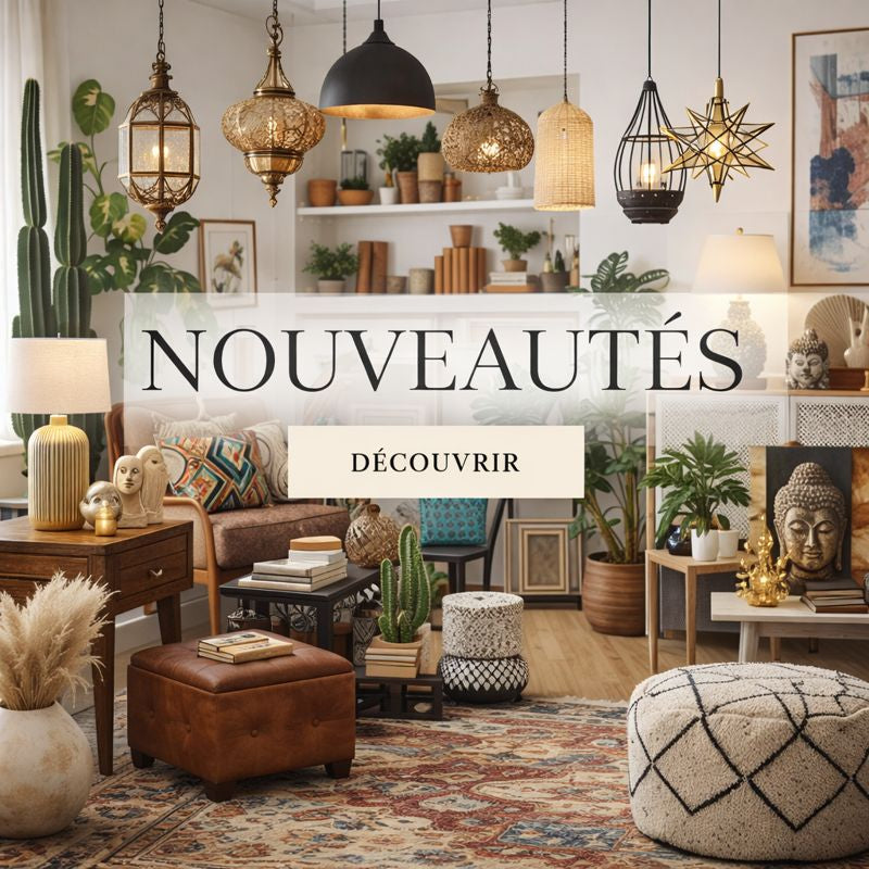 Collection nouveautés déco mêlant styles bohème, moderne et ethnique avec luminaires, objets design et accessoires tendance