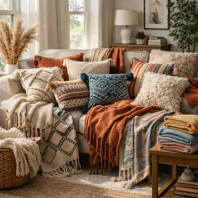 Canapé décoré de coussins et plaids aux textures variées, mélange de styles bohème, moderne et ethnique pour intérieur chaleureux